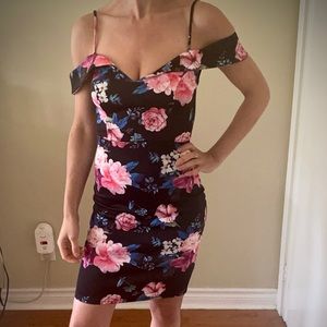 Chelsea Black + Pink Floral Satin-like dress from honey, size xs/2